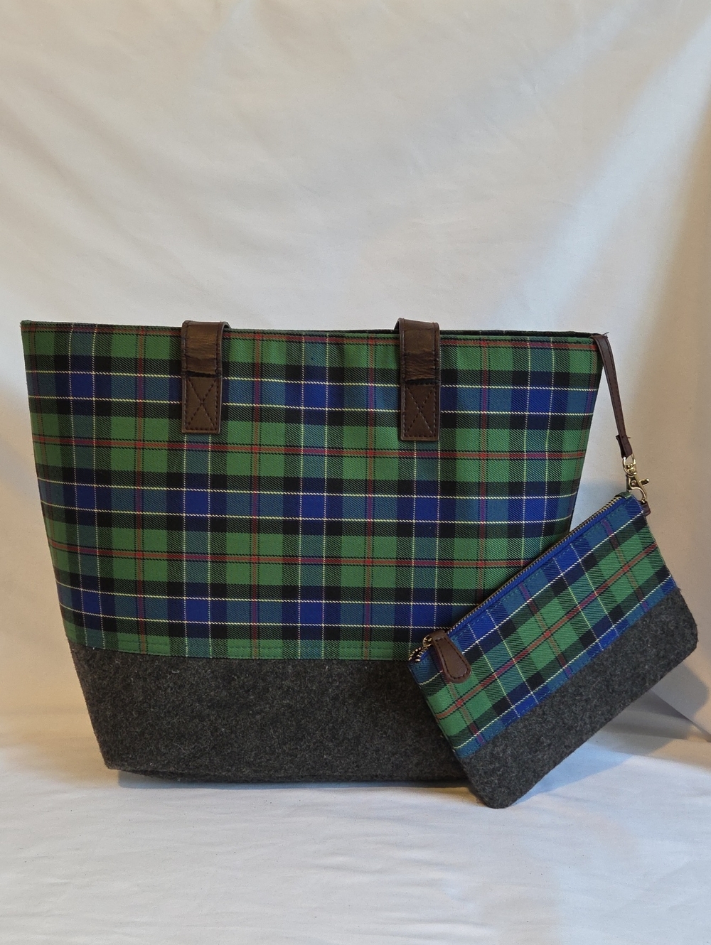Plaid Tartan Tote with Wristlet - Green & Blue